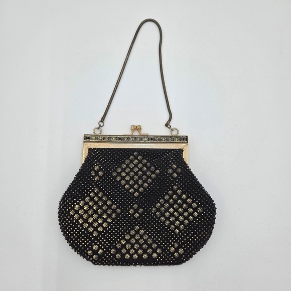 Vintage Beaded Evening Bag Kiss Clasp Purse Gold Accents Chain Hong Kong Studded - Picture 2 of 10